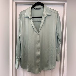 Green Zara Satin Effect Button Down Shirt